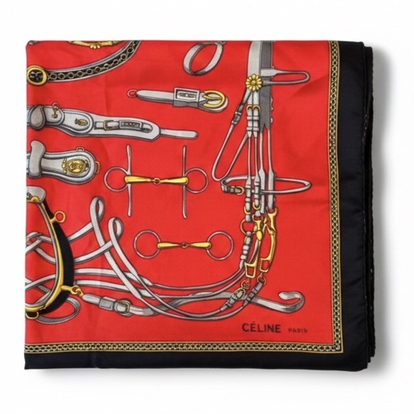Celine Red and Black Equestrian Pocket Square